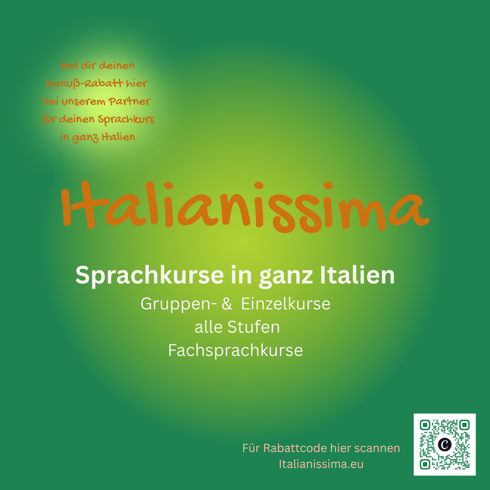 Italianissima Partner-Logo mit QR-Code und Rabattcode-Hinweis